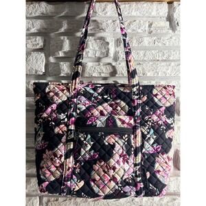 Vera Bradley Quilted Floral Tote Bag Black Pink Purple Cotton Shoulder Bag